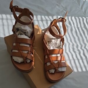 BNIB Anthropologie Cognac Brown Leather Multi-Strap Sandals